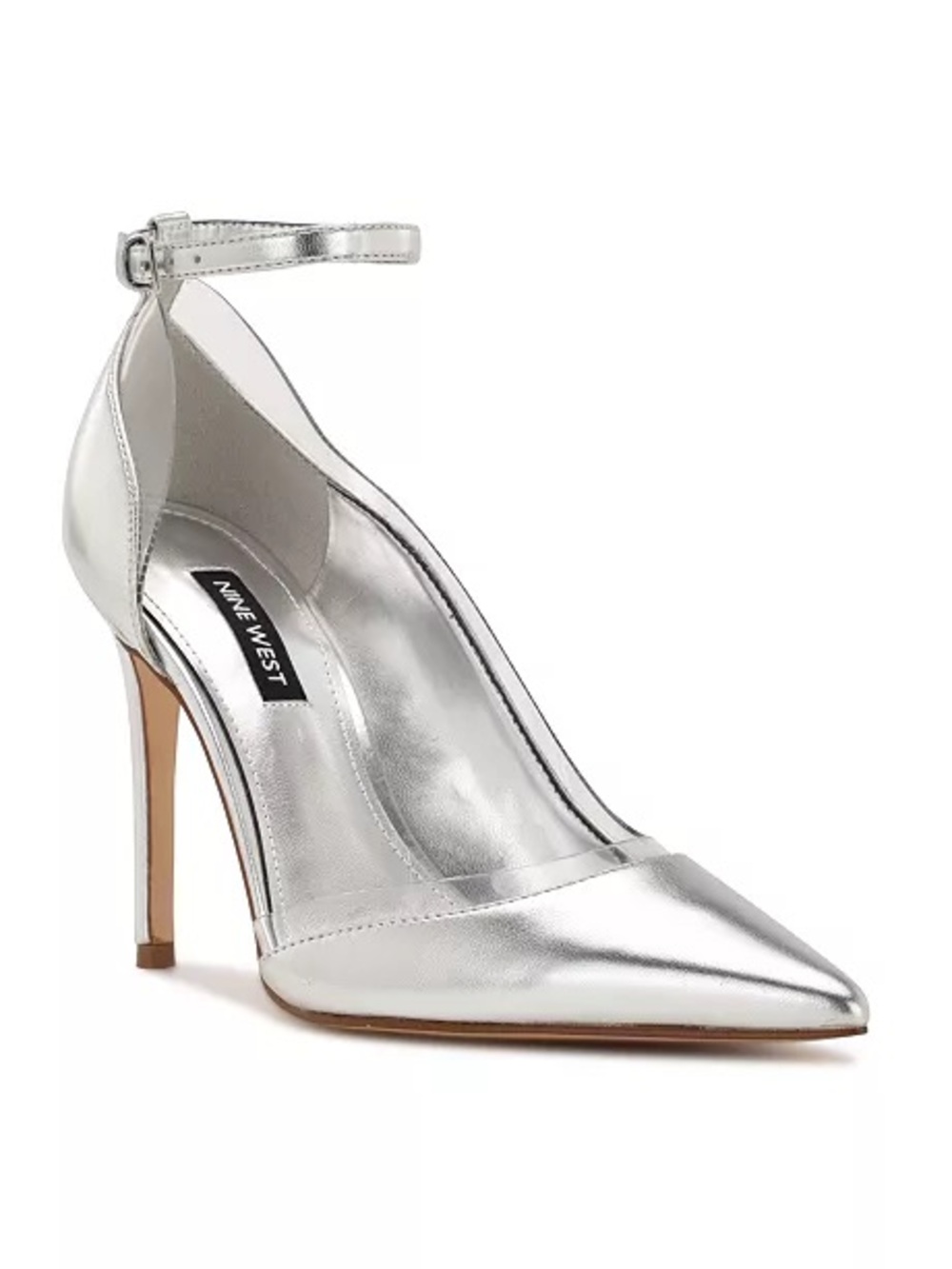 NINE WEST Freze Silver Metallic Ankle Strap Pumps Size 8 Disco Y2K Heels